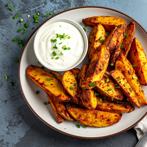 Cajun Potato Wedges with sour cream cheese and chive dip